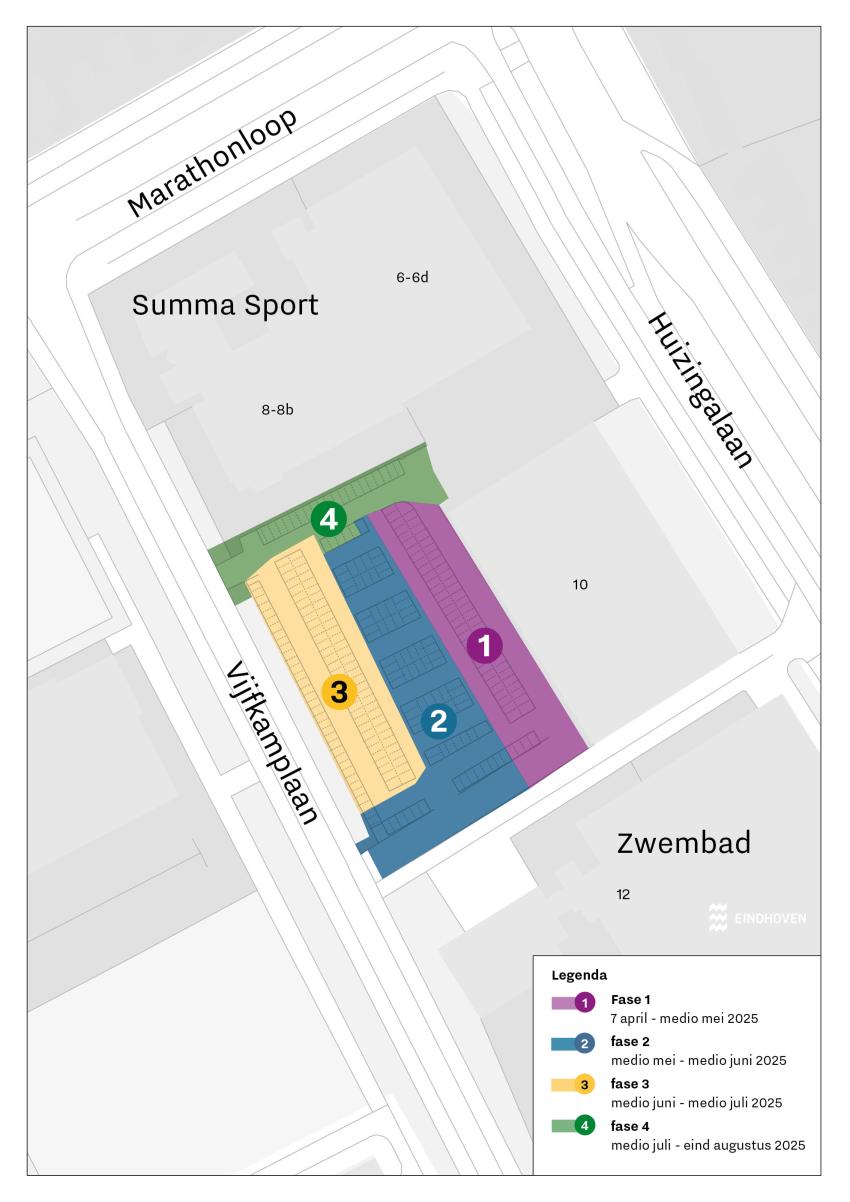 VIjfkamplaan parkeerplaats plattegrond fases werkzaamheden, klik voor een vergroting