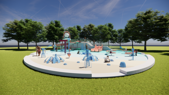 Spraypark vanaf de zijkant, klik voor een vergroting
