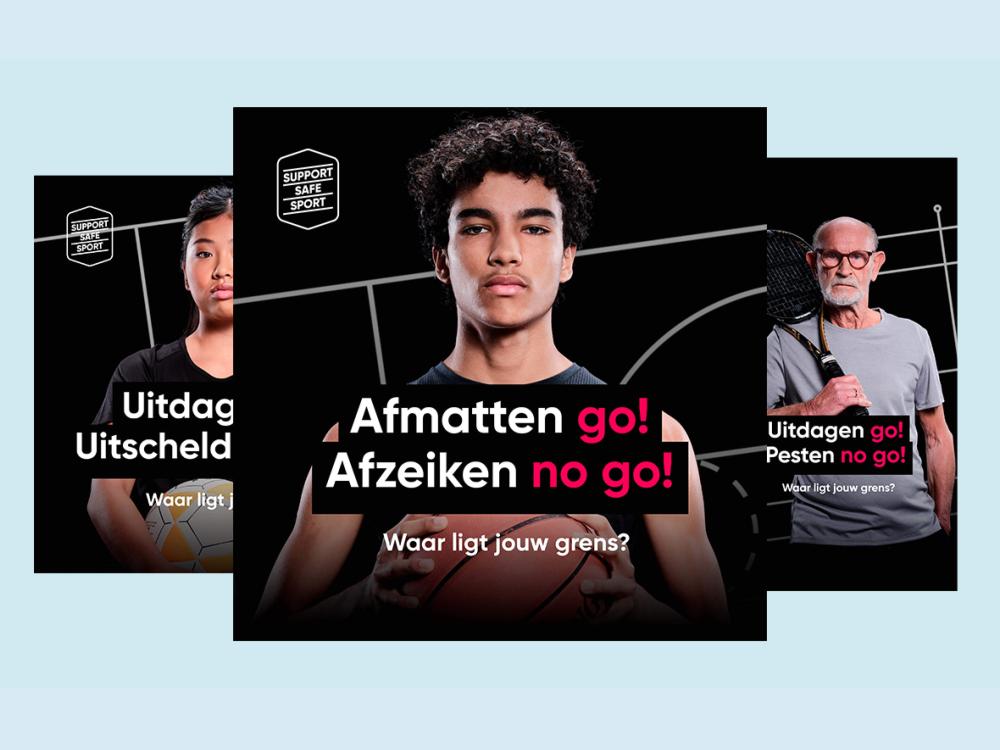 Support Safe Sport campagne posters met tekst 'Afmatten go! Afzeiken no go!'